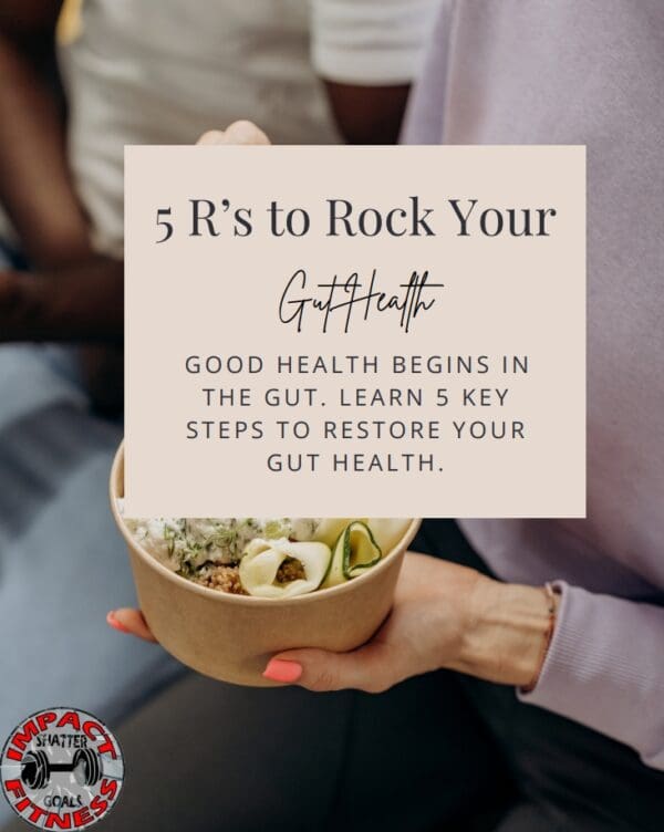 Person holding a bowl of food with text about gut health.