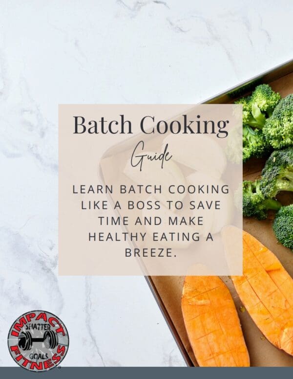 Batch cooking guide with sweet potatoes and broccoli.