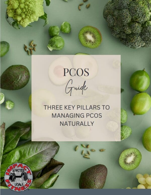 PCOS guide with green food background.